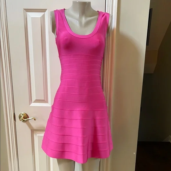 Herve Leger | Dresses | Herve Leger Paris Lipstick Pink Fit N Flare Dress  Med | Poshmark